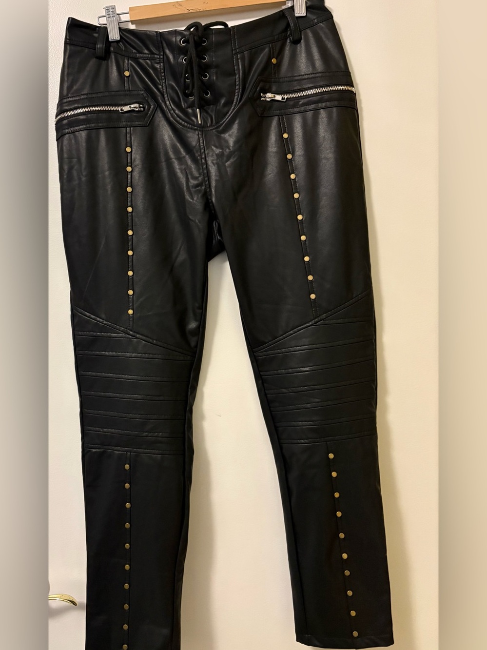 Black Faux Leather Pants with Gold Studs & Zipper Detail Size XXL